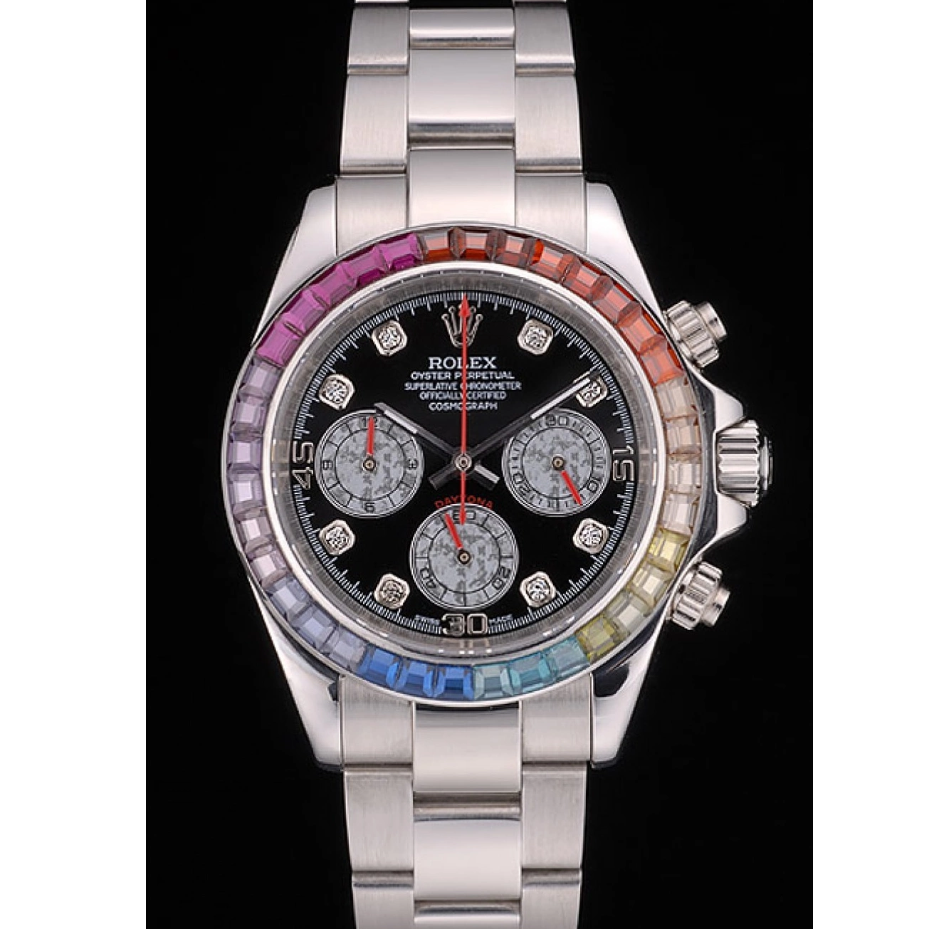 MiroTime 0709 Rolex Daytona Cosmograph Rainbow Crystals Bezel Stainless Steep Strap Black Dial 80250